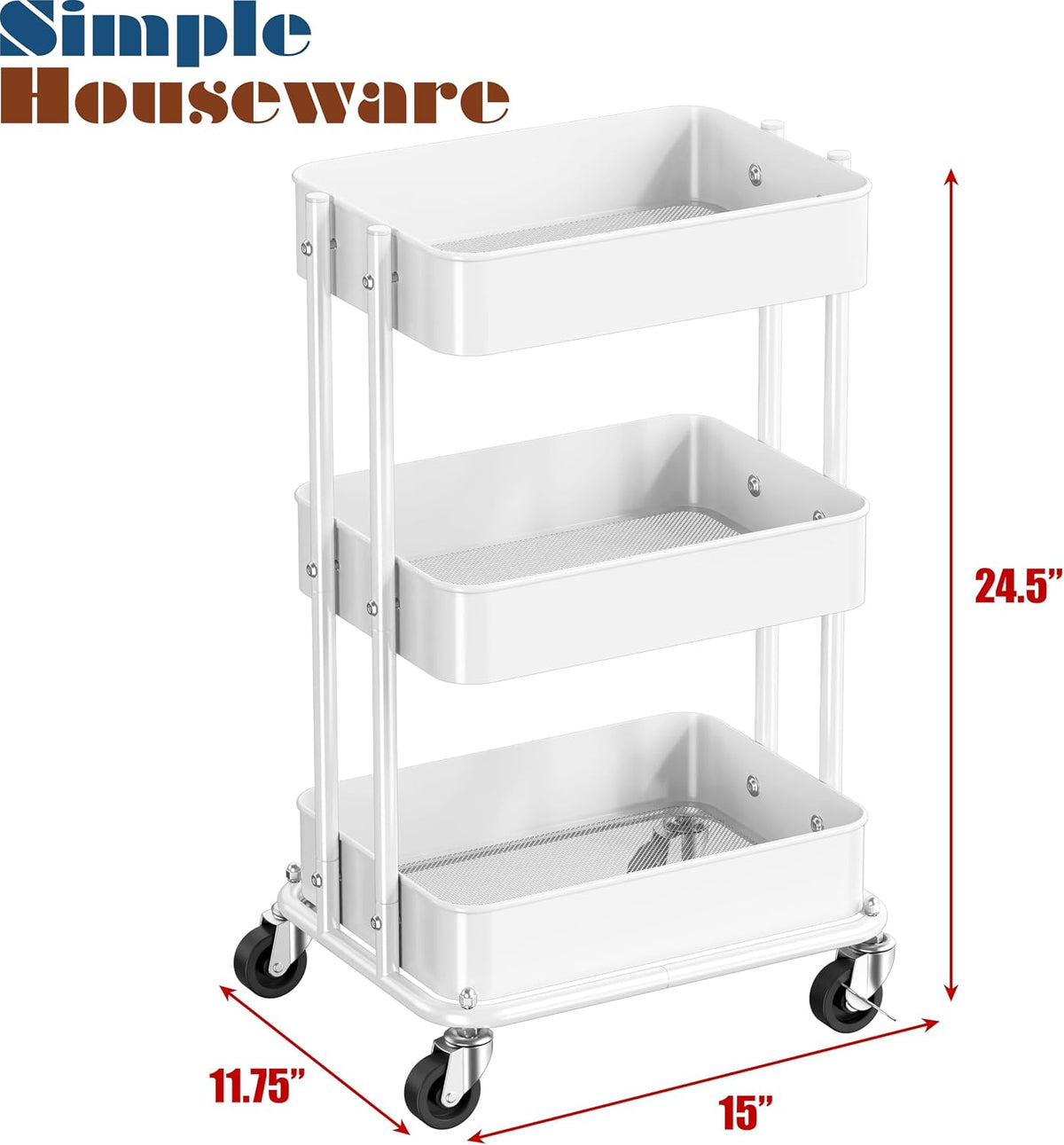 Simple Houseware 3-Tier Utility Cart, Low 24" Height Fits Under Desk, White