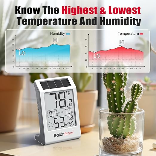 BaldrTherm Room Thermometer Indoor Humidity Meter, Solar-Powered 3.2'' Digital - Image 5