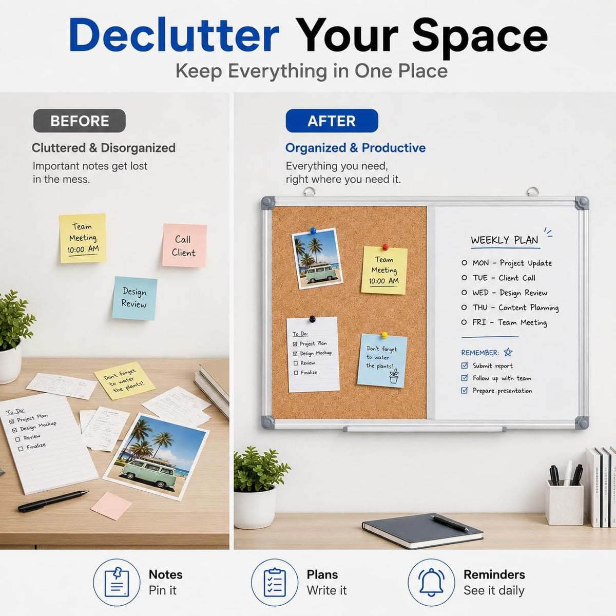 Cork Board and Magnetic Whiteboard Combination Board for Wall, 24" x 18&...
