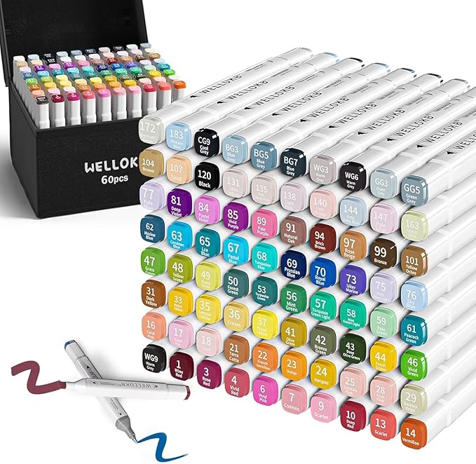 WELLOKB Alcohol Markers, 60 Dual Tip Permanent Art Markers by WELLOKB