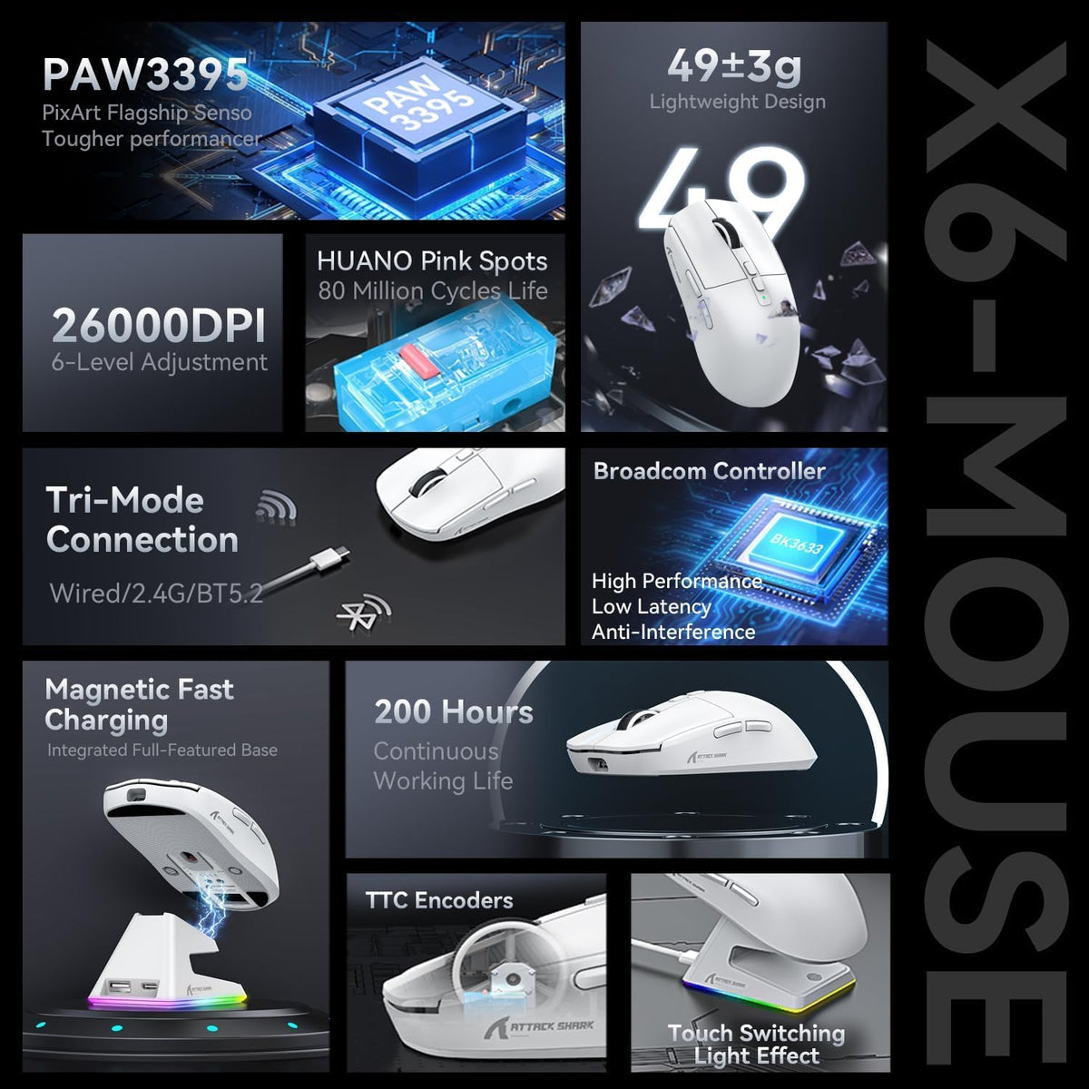 MAMBASNAKE Attack Shark X6 Wireless Gaming Mouse,RGB Magnetic Charging Dock,X...