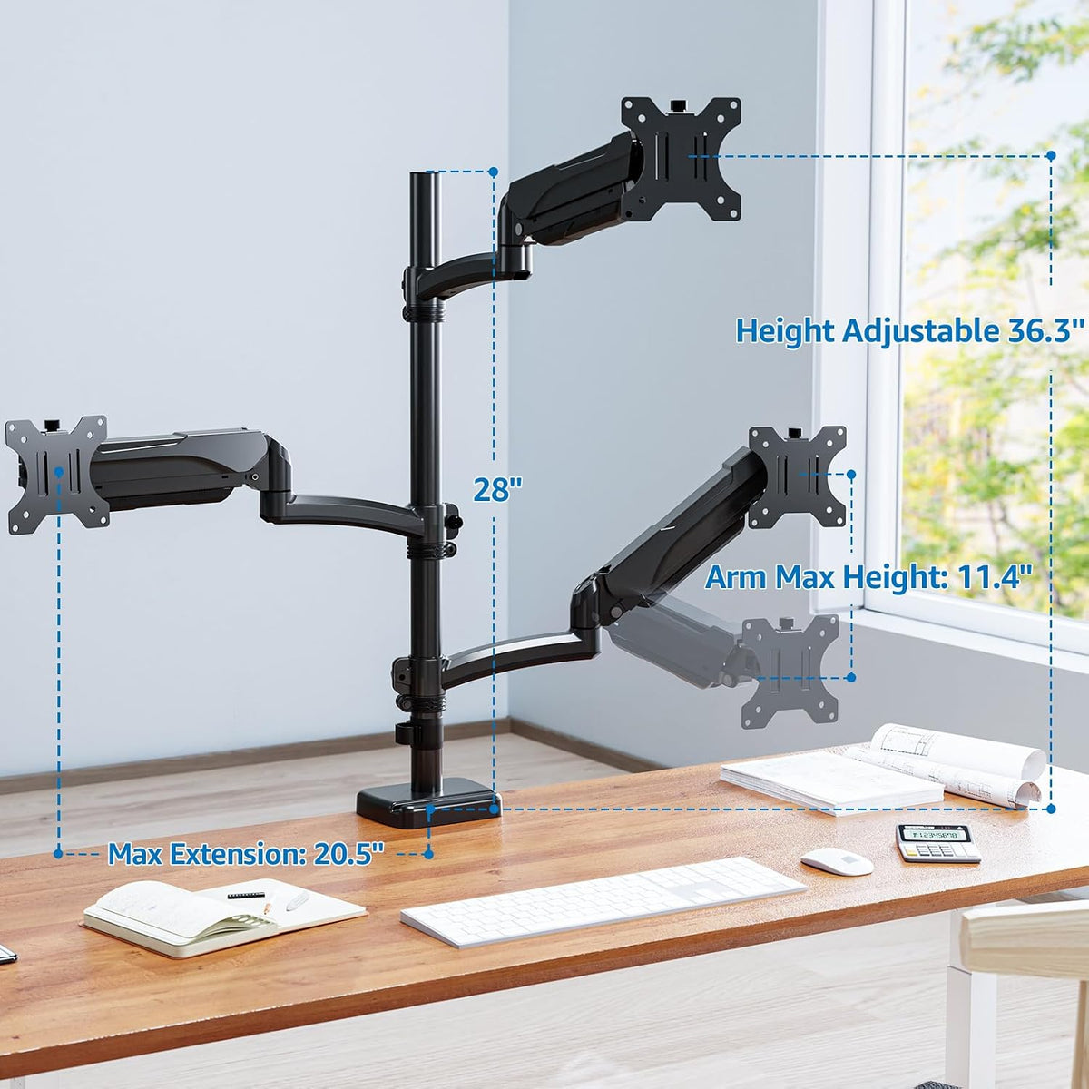 triple monitor mount fits max 32" computer screen on a desk or shelf
