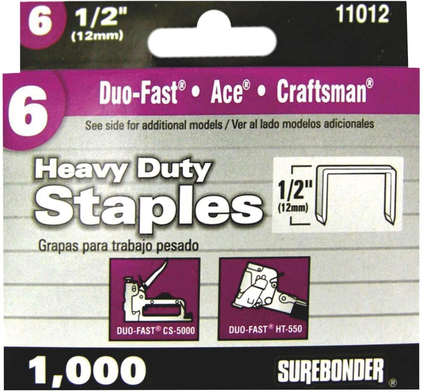 Surebonder #6 Heavy Duty Wide Crown Staples for Surebonder, Duofast, and Craftsman Staplers - 1/2" Leg Length- Carpet, Insulation, Roofing Paper - 1000 Staples
