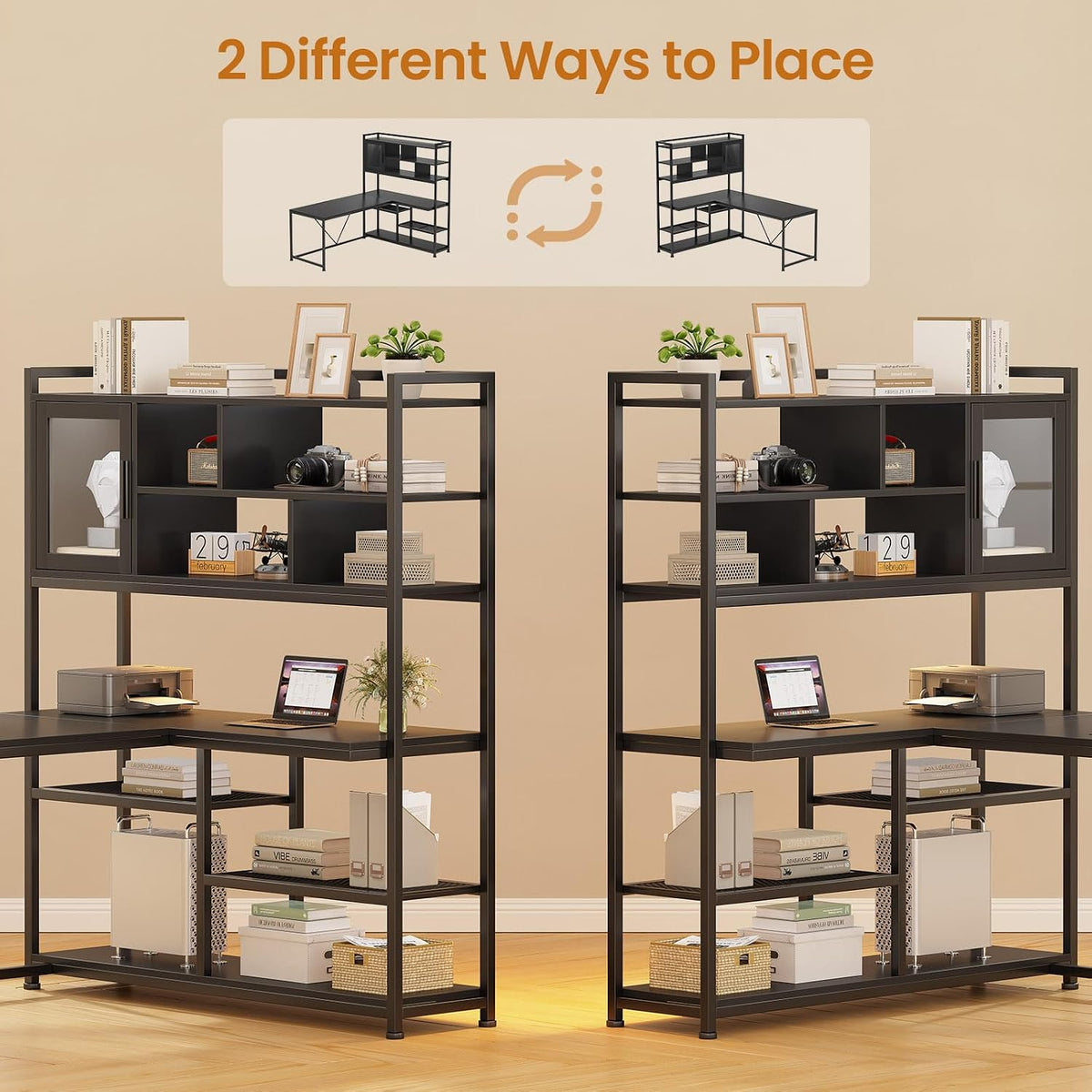 SEDETA L Shaped Computer Desk with Storage Shelves and Bookshelf, Black