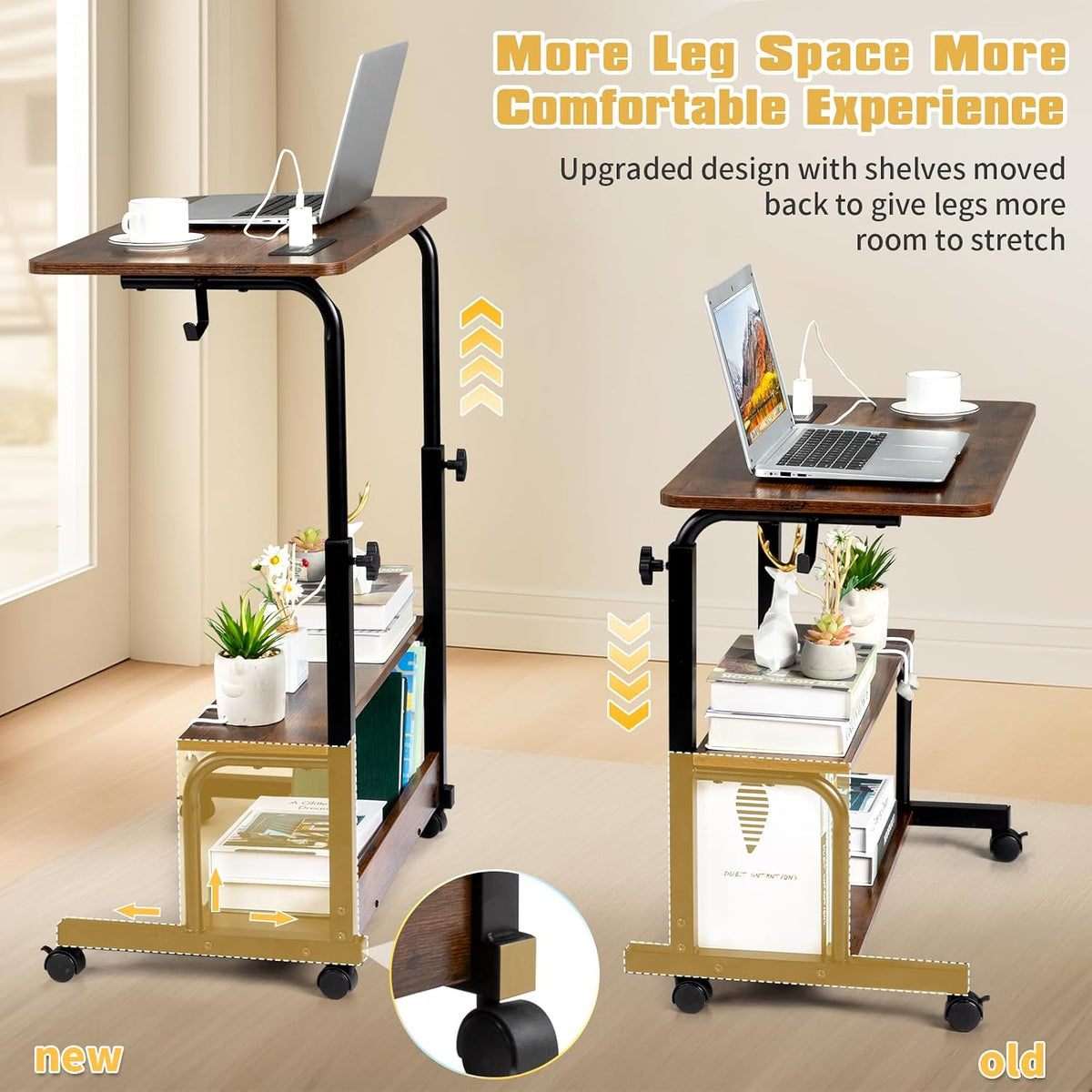 Karl home 31.5" Portable Rolling Computer Desk on Wheels, Rustic Brown
