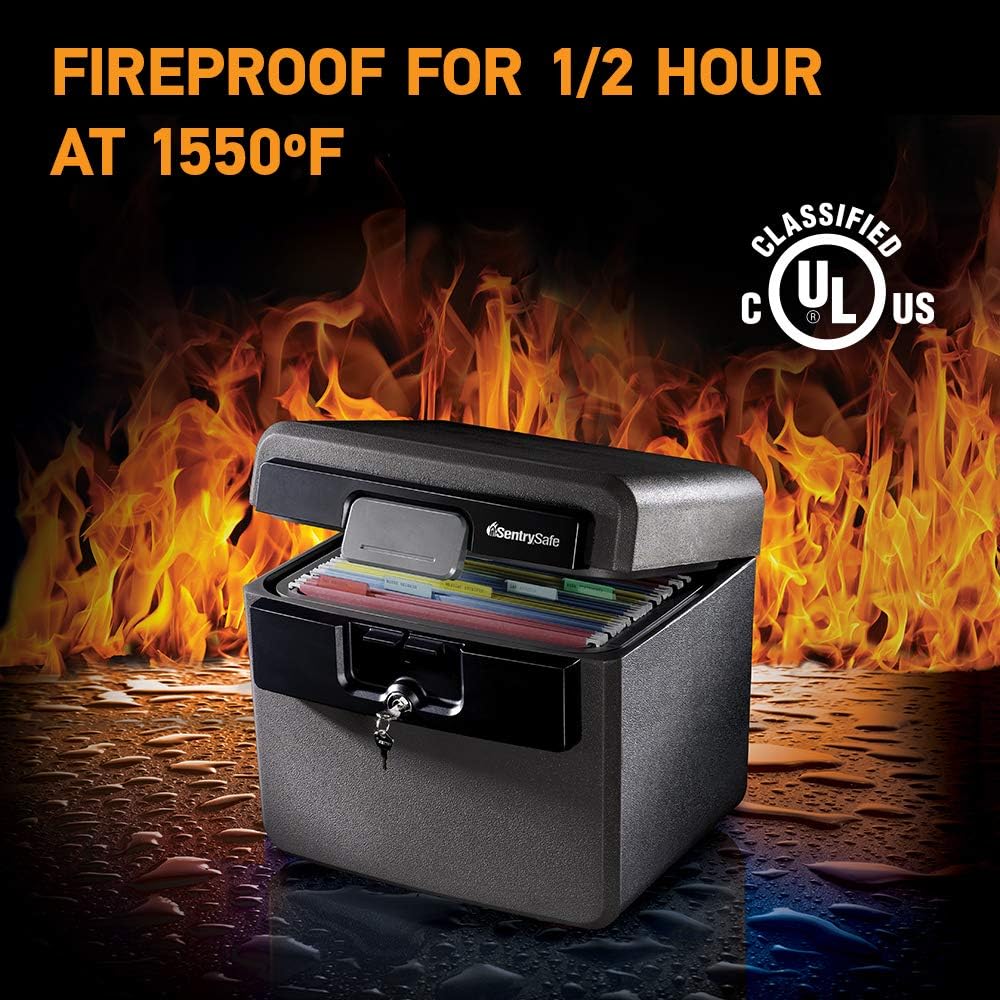 sentrysafe black fireproof and waterproof safe, file folder shown in use