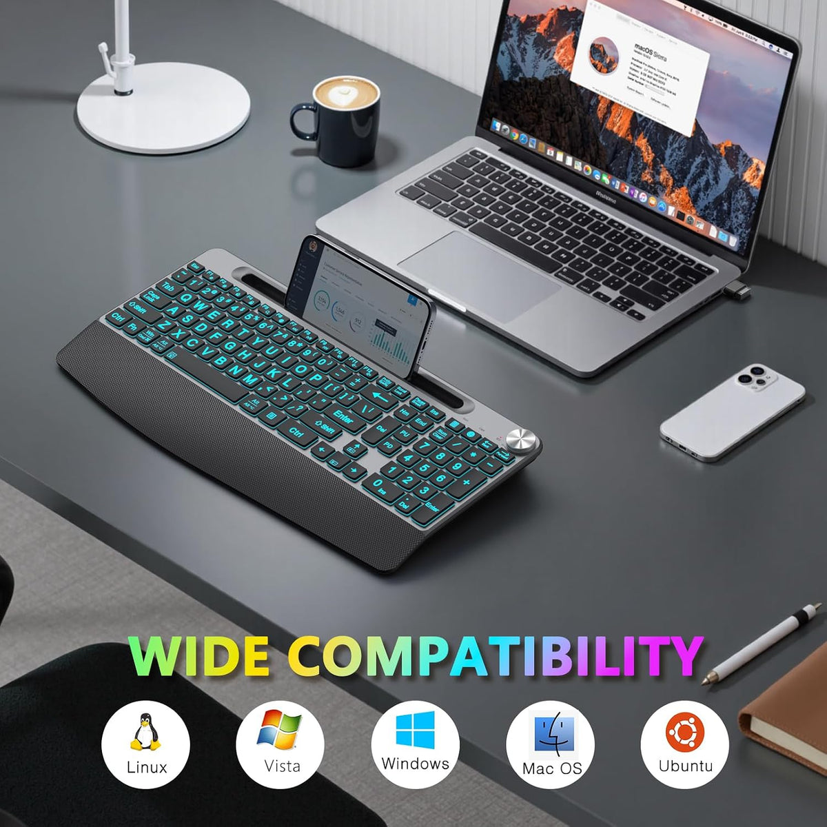 JOYACCESS Large Print Backlit Wireless Keyboard with Phone Holder，Wrist Rest ...