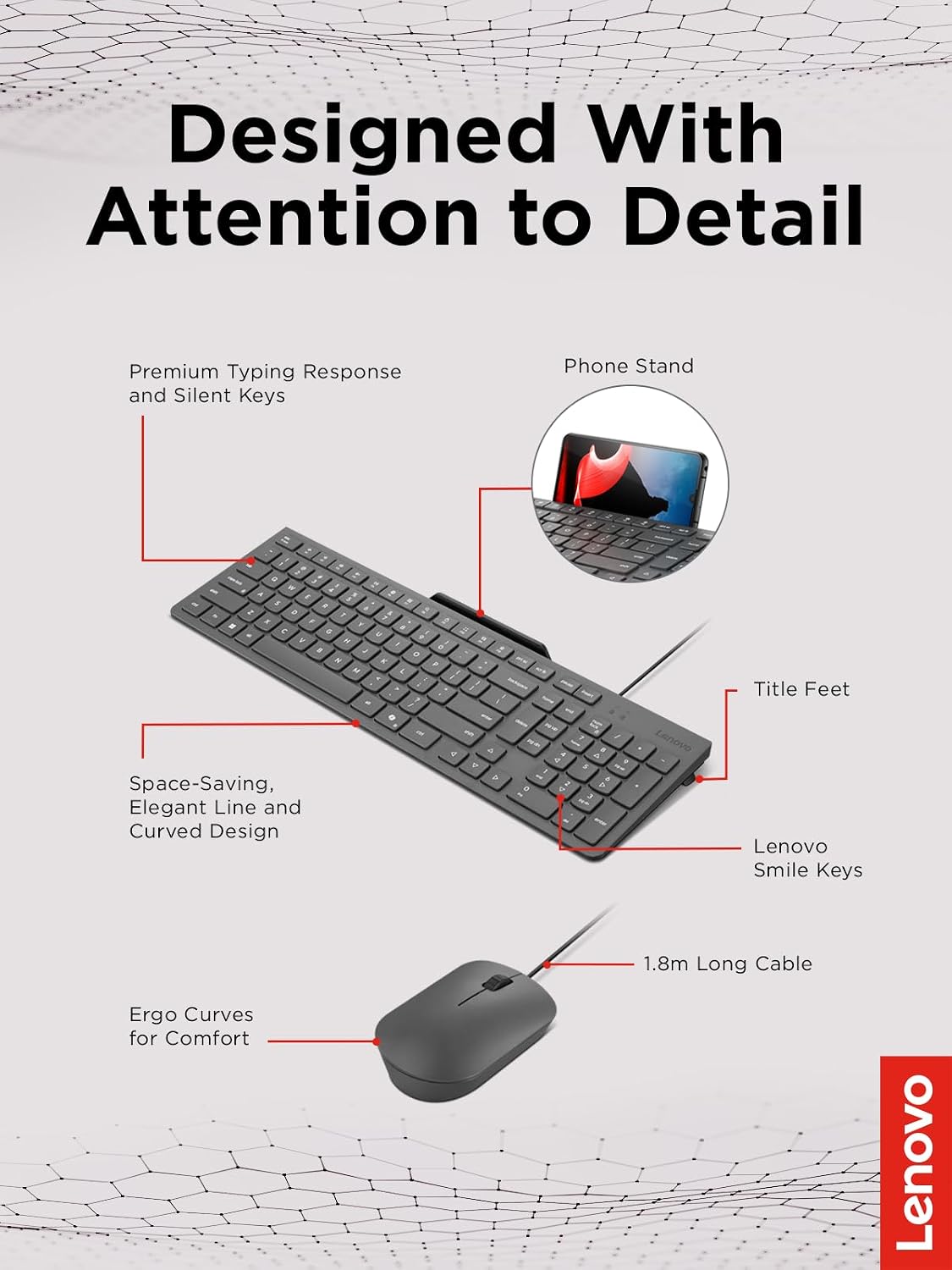 Lenovo 310 USB-A Wired Keyboard Mouse Combo, Quiet Keys, Ultra-Slim Gaming De...