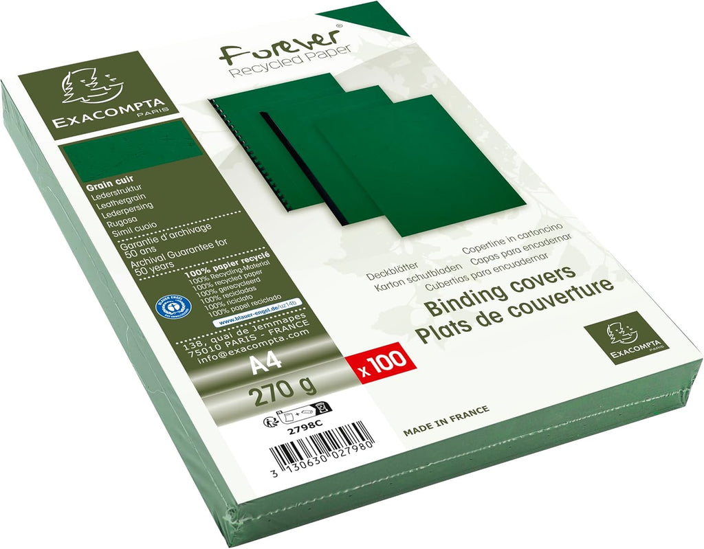 Forevcer A4 Recycled Rigid Presentation Covers, Leather Grain Effect, Dark Green, Pack of 100