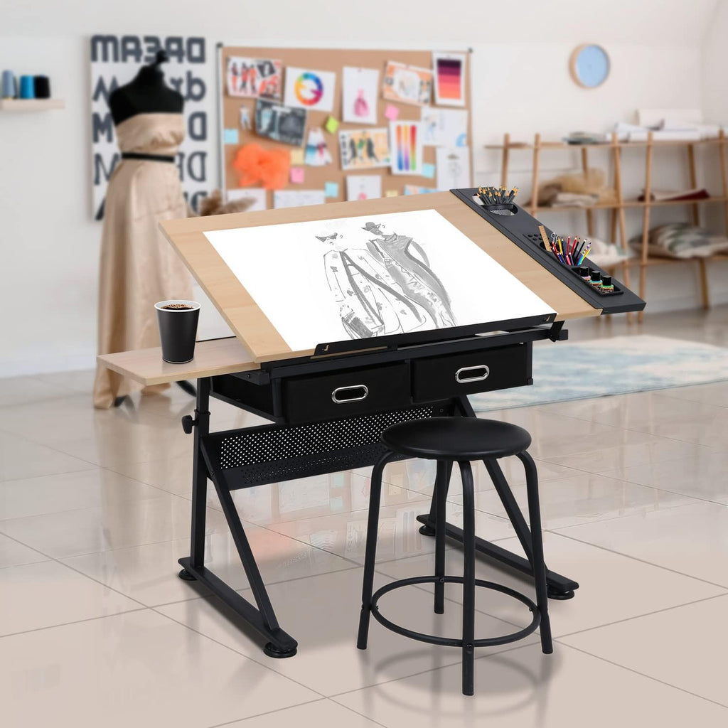 ZENY Drafting Table Art Desk Drawing Table Height Adjustable Artist Table with Tilted Tabletop, Drafting Stool and Storage Drawer for Reading, Writing, Crafting, Painting Art