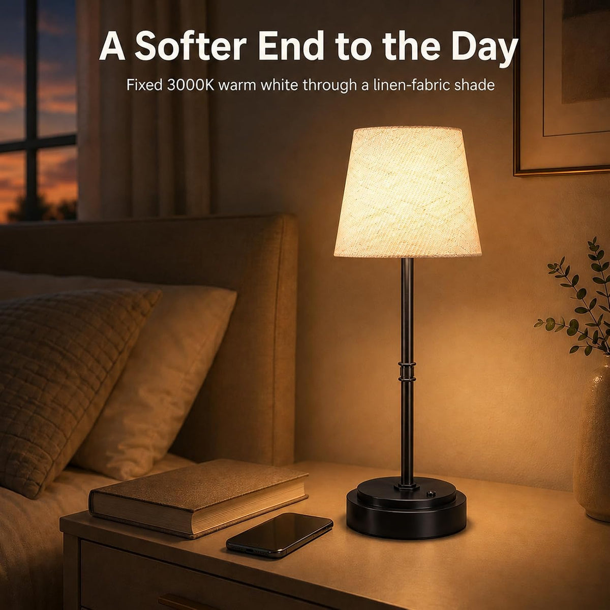Rechargeable Cordless Table Lamp, Battery Operated Bedside Lamp, Black