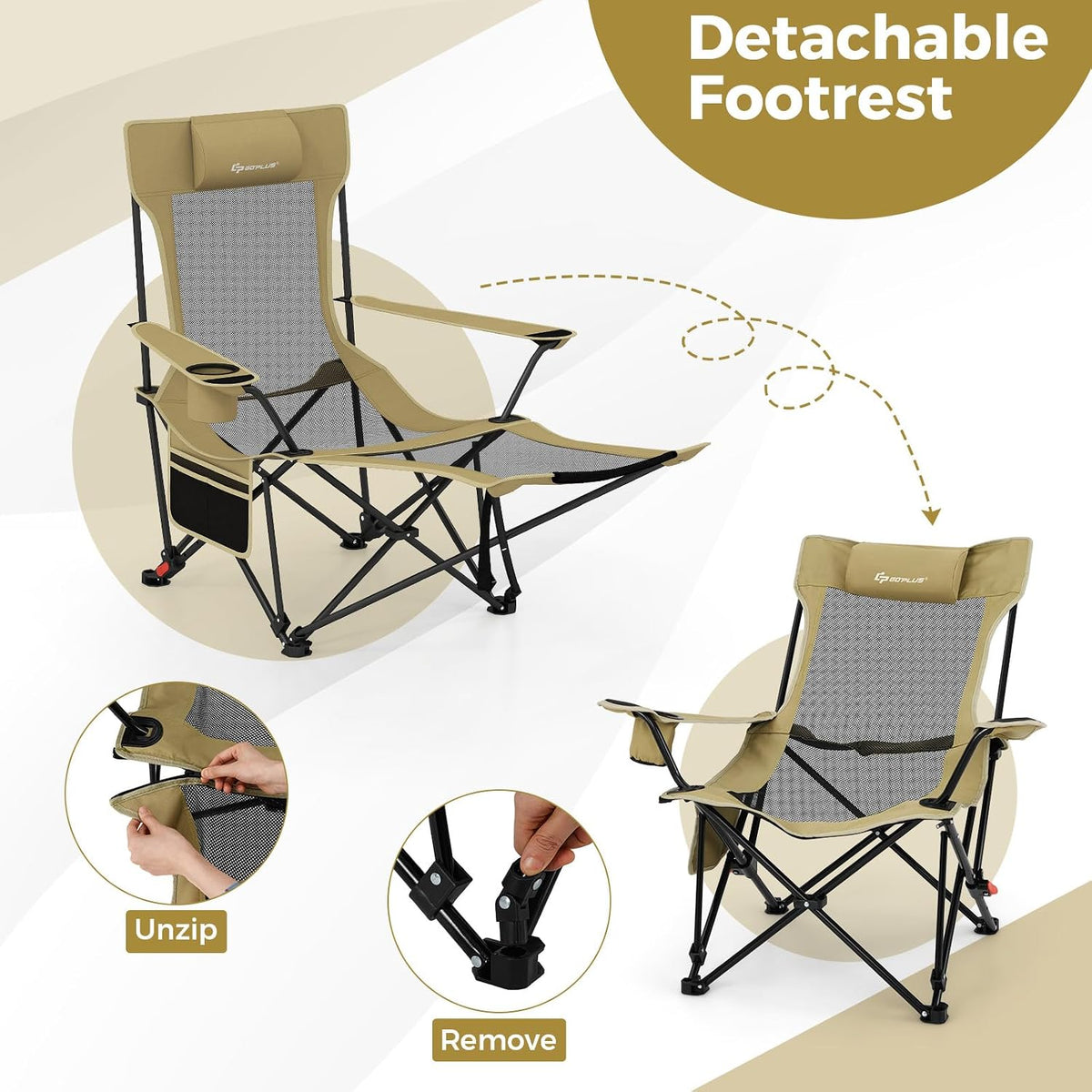 Goplus Camping Lounge Chair w/Detachable Footrest, Folding Beach Chair w/4-po...