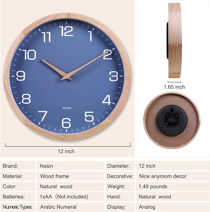 Kesin Wall Clock 12 Inch Silent Non Ticking Wood Wall Clocks Battery Operated - Image 7