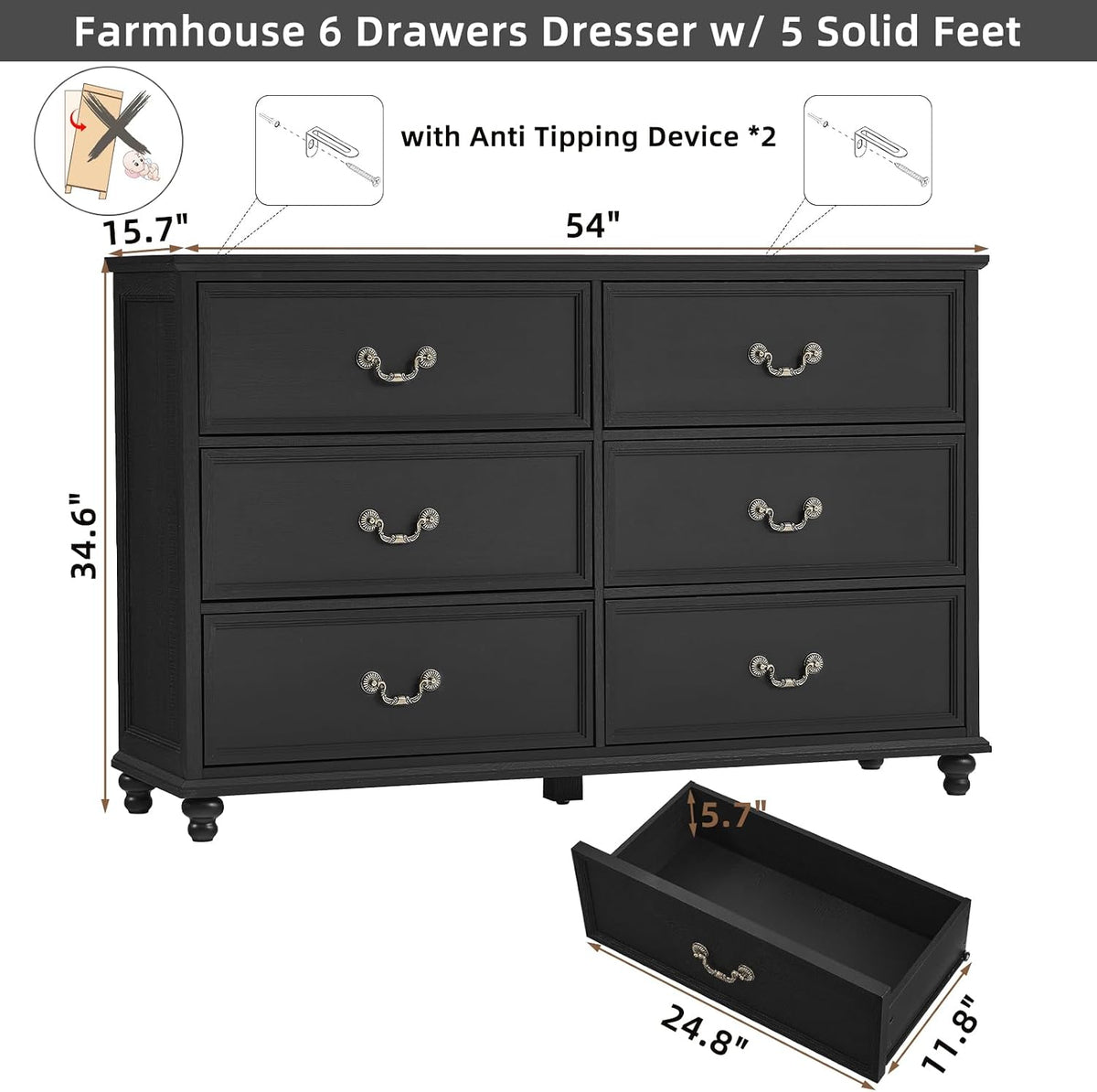Joaxswe Farmhouse 6 Drawers Dresser for Bedroom, Vintage 54" Wide Chest ...