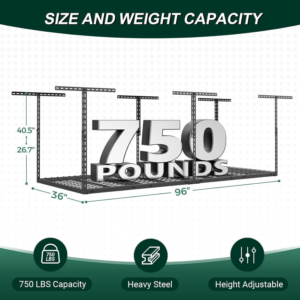 3x8 ft overhead garage storage rack,750lbs weight capacity shown in use