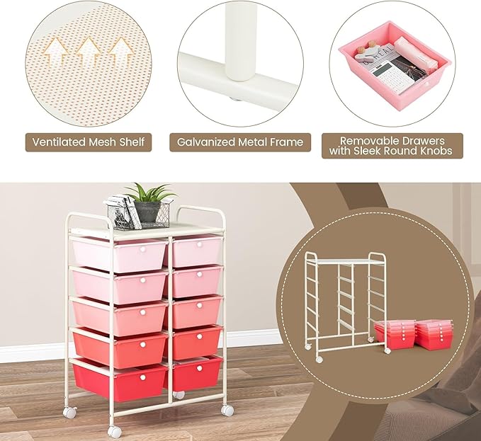 LDAILY 10 Drawer Rolling Cart, Storage Cart Organizer on Wheels, Drawer Cart - Image 7