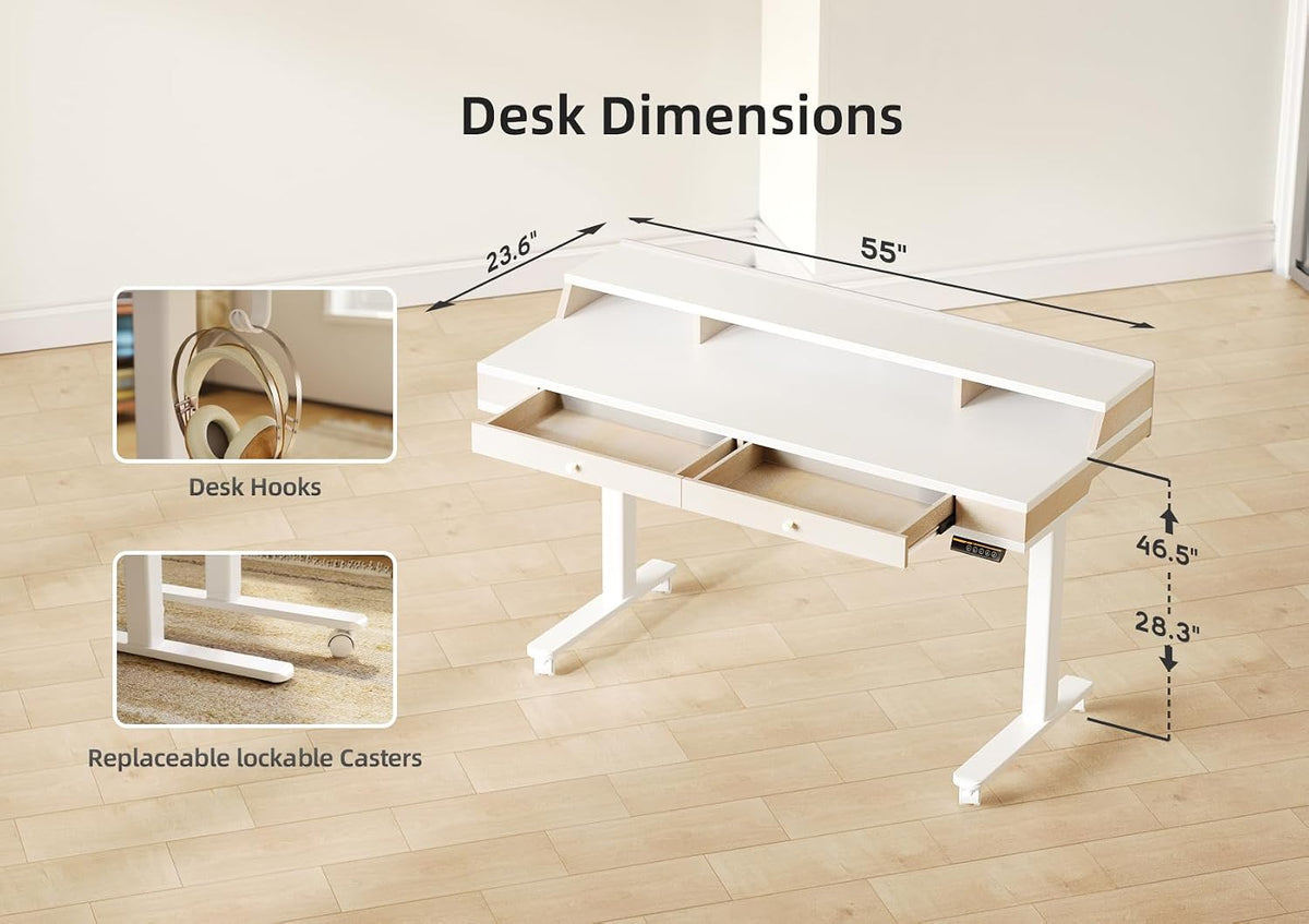 Claiks Standing Desk with Drawers & Wheels, 55 Inch, White