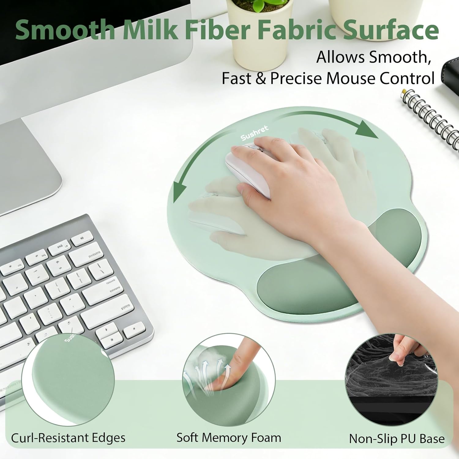 Mouse Pad and Keyboard Wrist Rest, 3-in-1 Gel Memory Foam Ergonomic Mouse Pad with Wrist Rest Set,Gaming Mousepad Arm Cushion Support for Computer Office Desk Accessories Cute Setup,Sage Green
