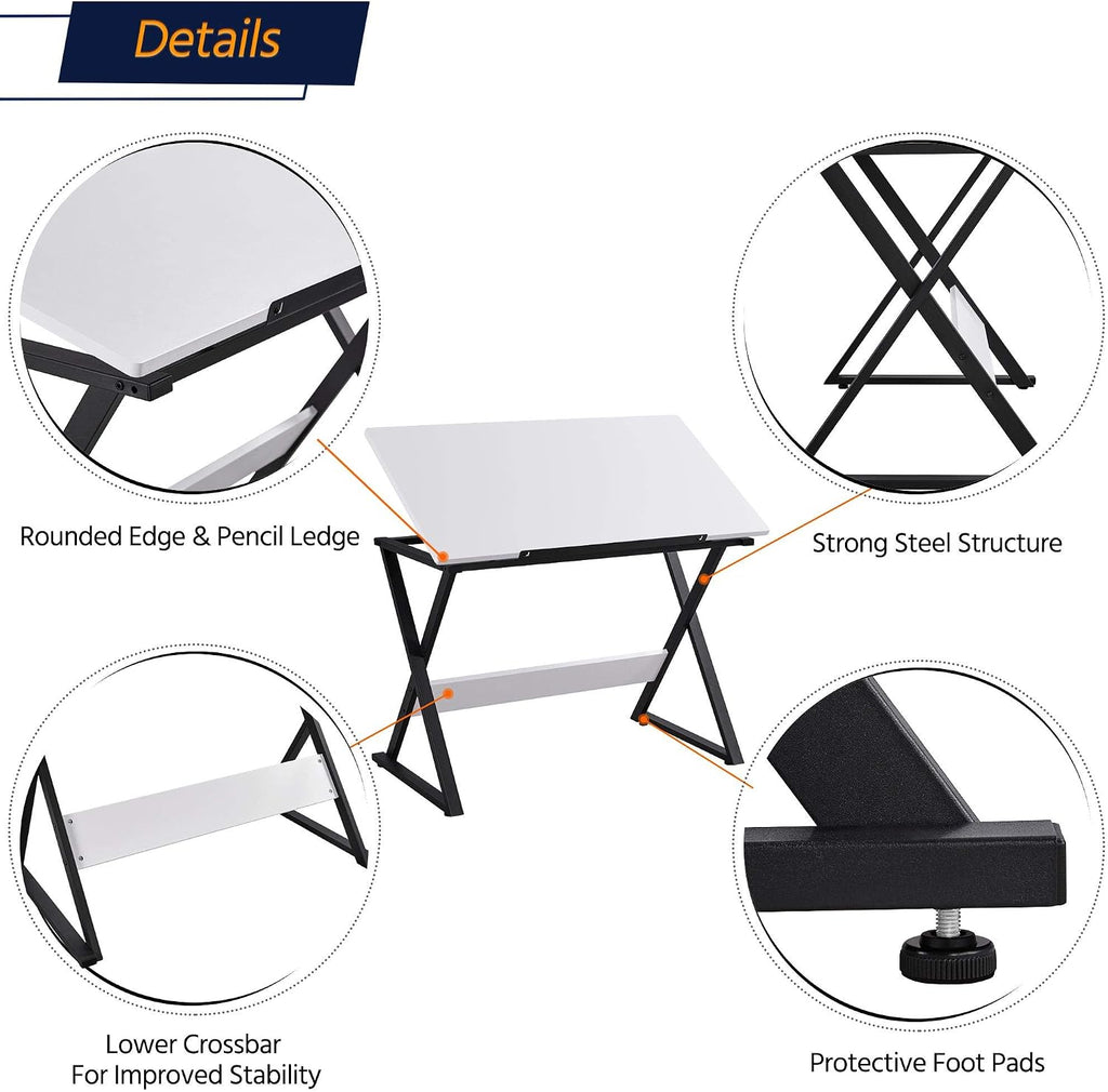 Yaheetech Height Adjustable Drafting Table, Tilting Art Desk, White | Sturdy powder-coated steel X-frame holds an MDF top tilting 0-30° and adjusting 30-41in tall for drawing, crafts and puzzles.