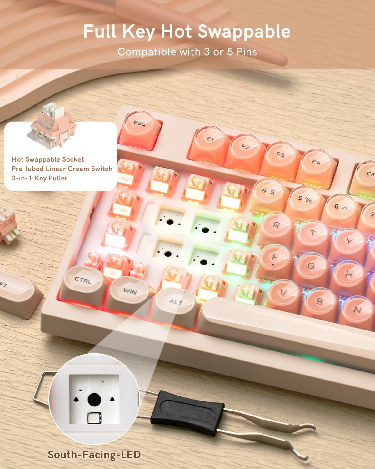 WK75 Wireless Mechanical Keyboard, Pink Creamy Keyboard with Knob