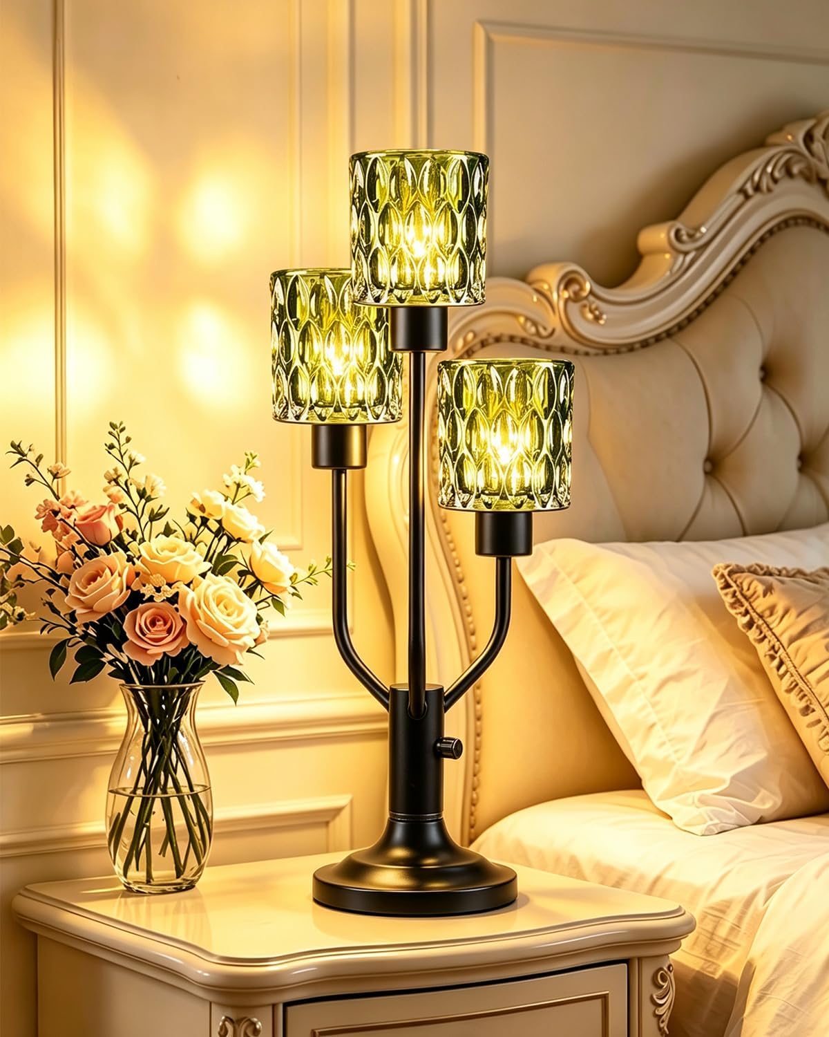 Mid Century Modern Green Glass Table Lamp Dimmable 3 Bulbs Included