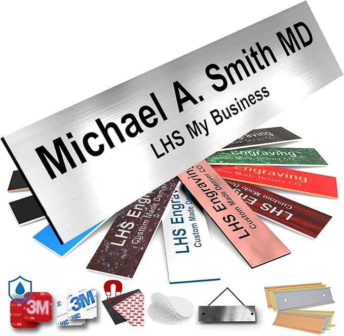 Door Name Plate Personalized for Office Brushed Steel Plastic Name Plate Black by LHS+My+Business