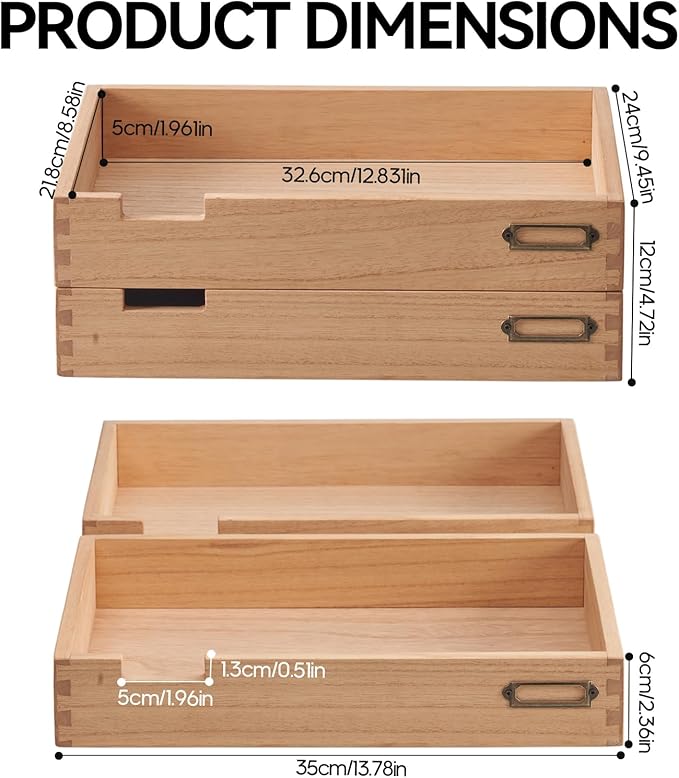 KIRIGEN Wood Desk Organizer Set of 2 Stackable Paper Tray Desktop Document - Image 6