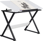 Yaheetech Height Adjustable Drafting Table, Tilting Art Desk, White | Sturdy powder-coated steel X-frame holds an MDF top tilting 0-30° and adjusting 30-41in tall for drawing, crafts and puzzles.