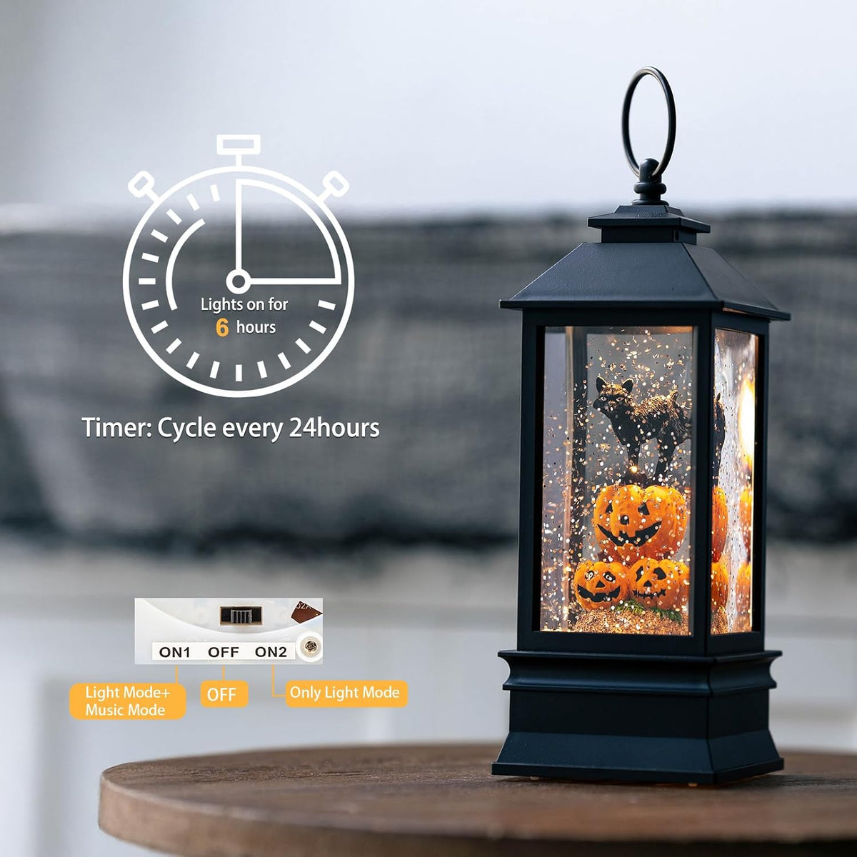 Halloween Snow Globe Lantern Water Glittering Spooky Witch' s Black Cat i...