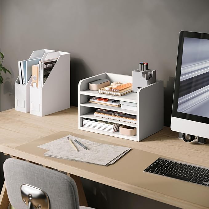 Ballucci File Organizer, 4-Tier Office Desk Organizer, Open Top Wood Paper - Image 2
