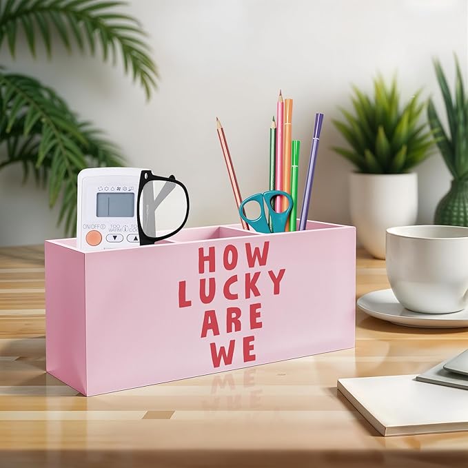 Exqcom Pink Positive Quotes Makeup Brush Holder, How Lucky Are We Pen Holder - Image 3