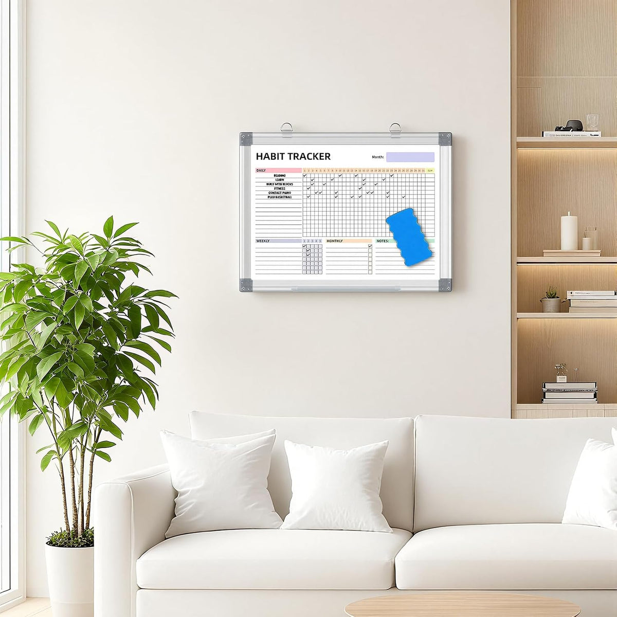 Habit Tracker Dry Erase Whiteboard with Silver Aluminium Frame for Wall 24&qu...