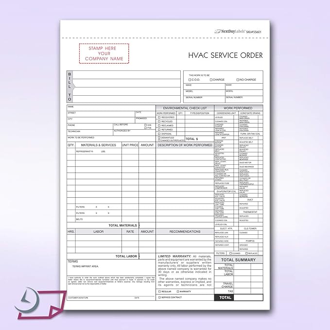 HVAC Service Order Invoice & Repair Detail Form, 3 Part Forms Carbonless 100 - Image 2