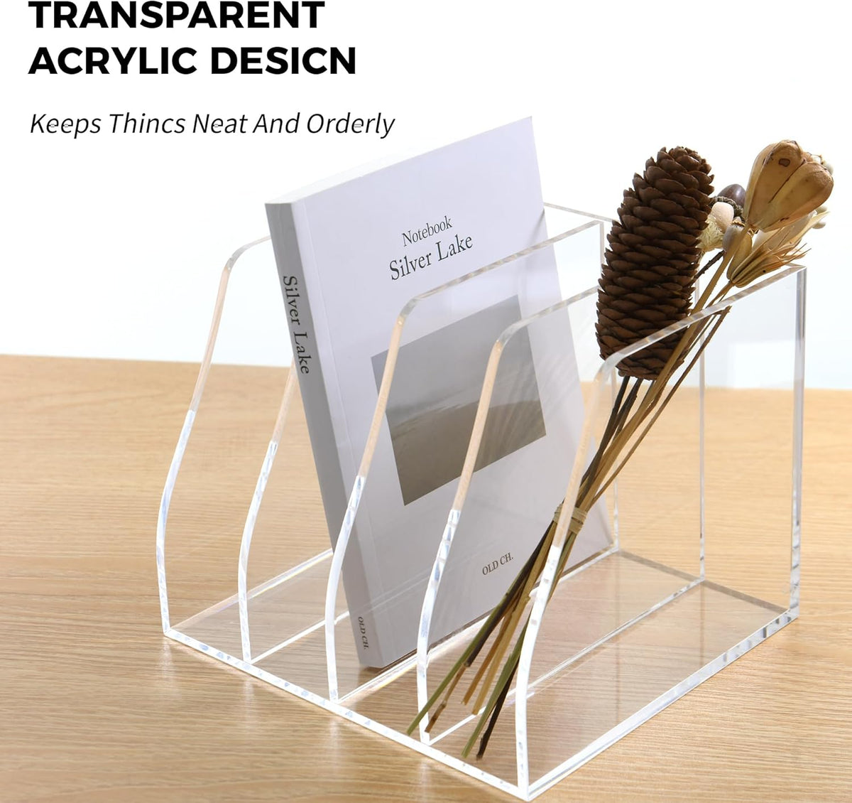 Acrylic Magazine File Holder, 4 Vertical Compartments Desk Document Sorter Or...