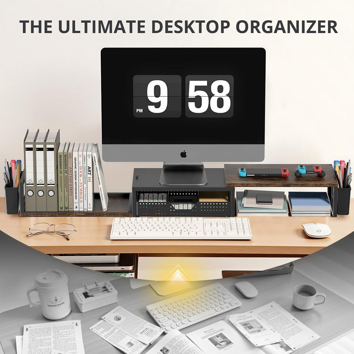 opnice desk organizers and accessories, dual monitor stand showing dimensions