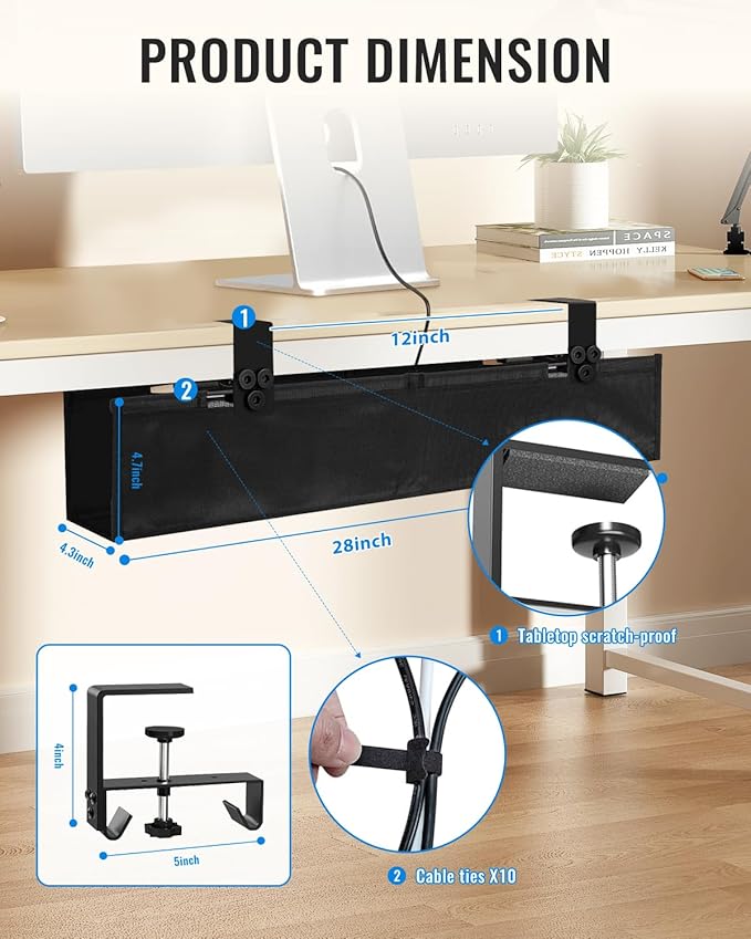 No Drill Cable Management Under Desk, Clamp/Screw Mount Cable Tray, Premium - Image 6