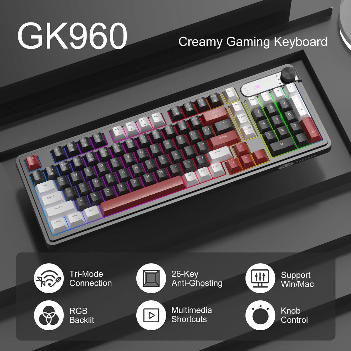 MageGee GK960 Wireless Keyboard, 98 Keys Tri-Mode BT/2.4G/Wired Membrane Gami...