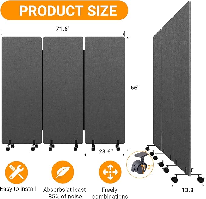 Soundproof Room Divider W/Wheels, 66in Office Dividers - Image 4