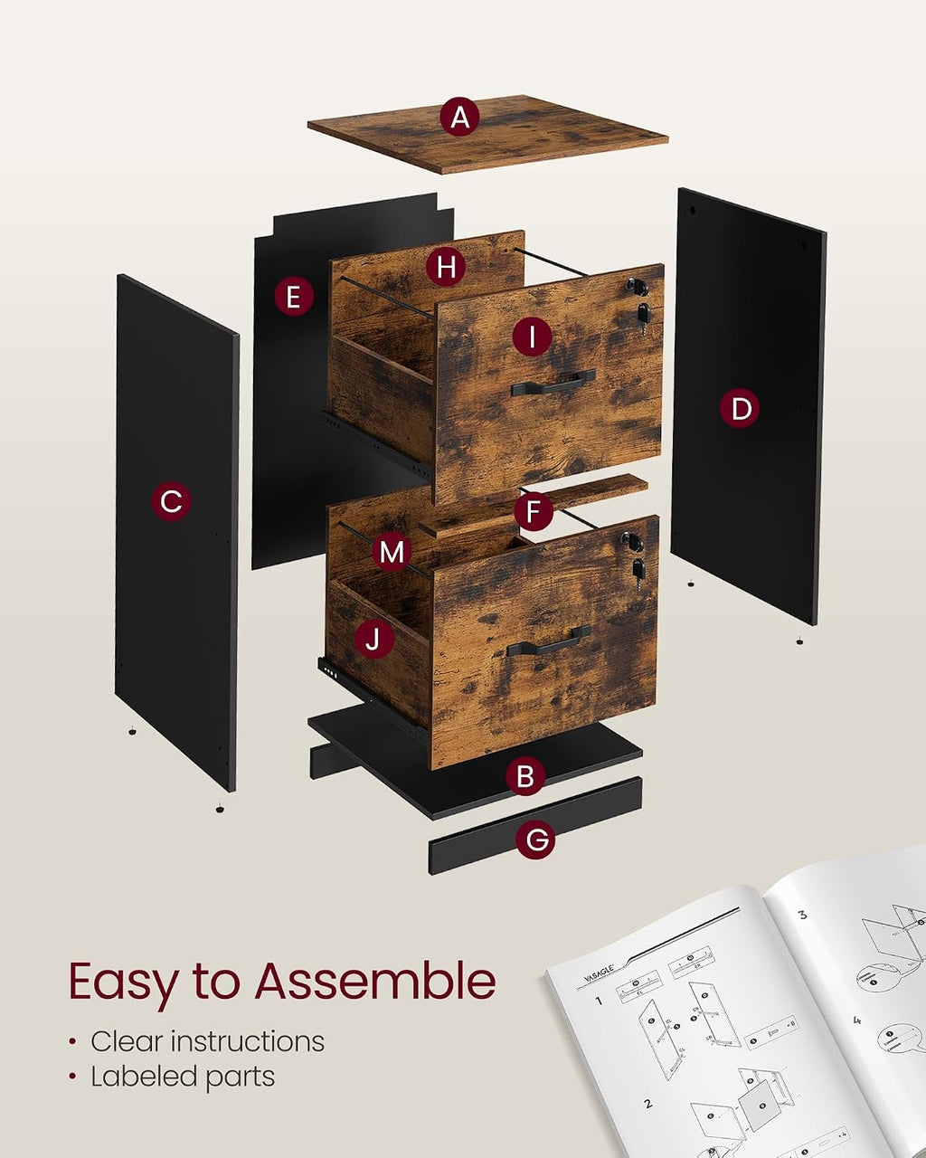 VASAGLE CUSTOS Collection - 2 Drawers File Cabinet with Lock, Printer Stand, Office Filing Cabinet Organizer, for A4 and Letter Size Documents, Rustic Brown UOFC061KD01