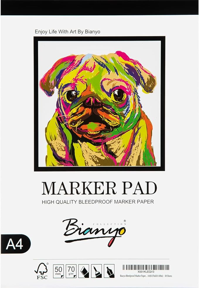Bianyo Bleedproof Marker Paper Pad, 50 Sheets, 18 LB / 70 GSM, Glue-Bound by Bianyo