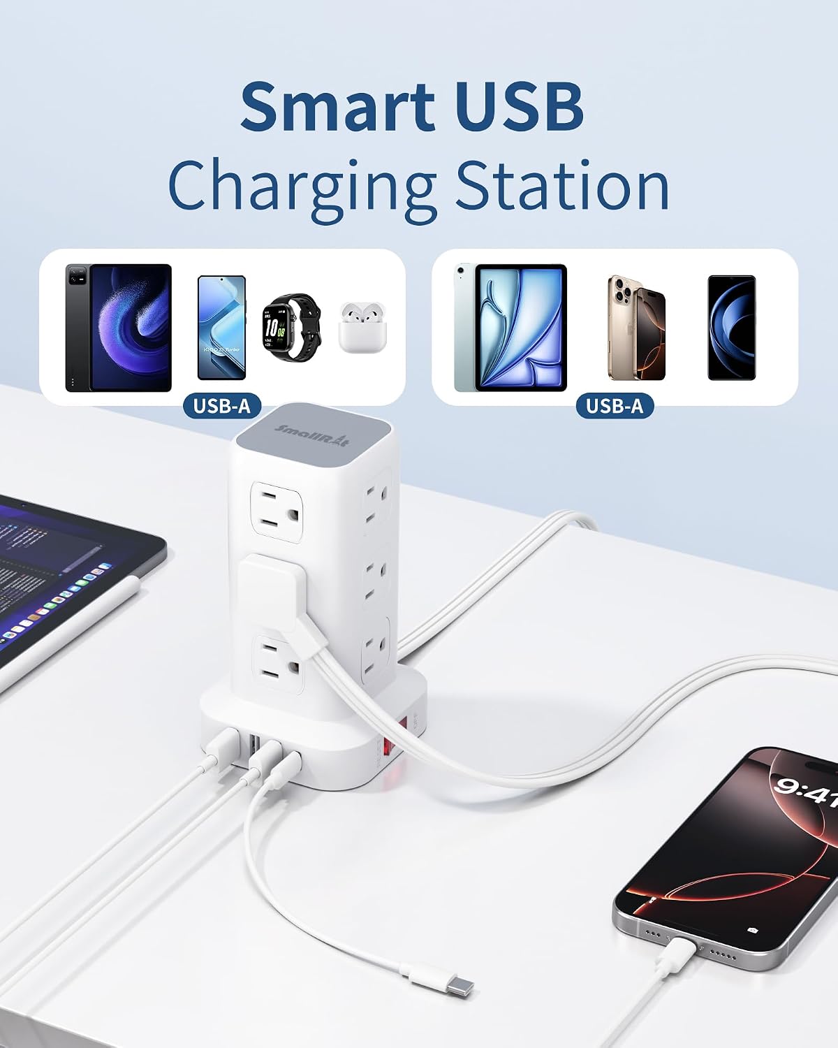 Extension Cord with Multiple Outlets, SMALLRT Flat Plug Power Strip Tower, Ou...