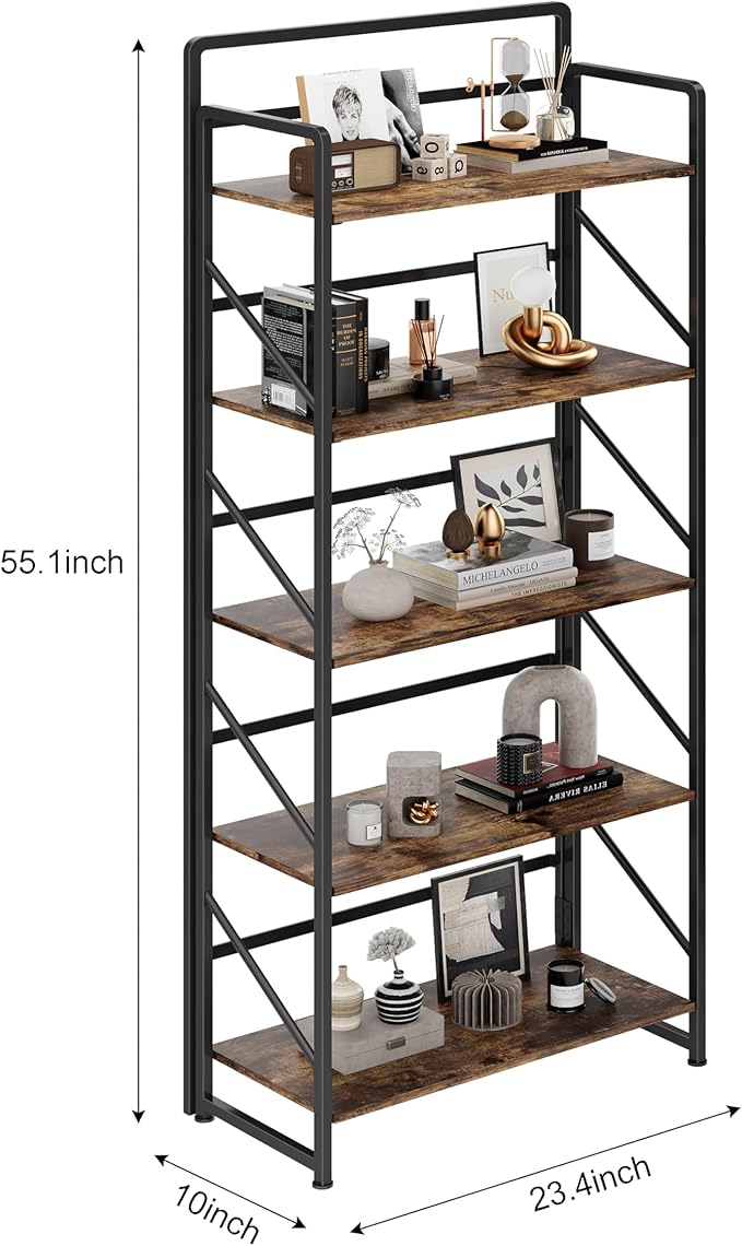 JSB Folding Bookshelf, Industrial Storage Shelves, No Assembly Vintage Wood - Image 3