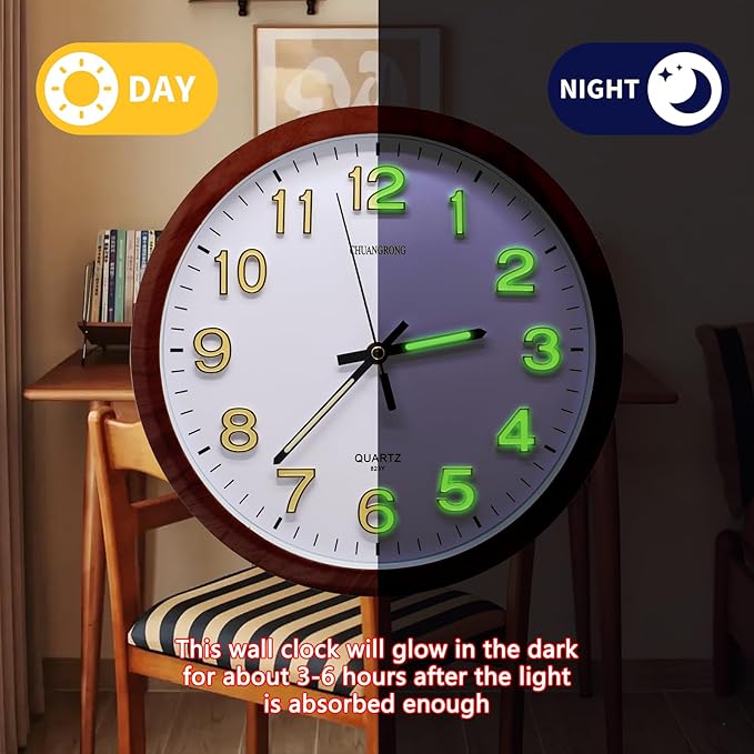 Oxmidud Glow in The Dark 3D Numerals Wall Clock，12 Inch Retro Silent - Image 2