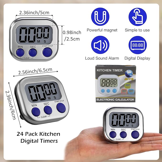 Leumoi 24 Pcs Digital Kitchen Timers Magnetic Back Timers Bulk Large Screen - Image 2