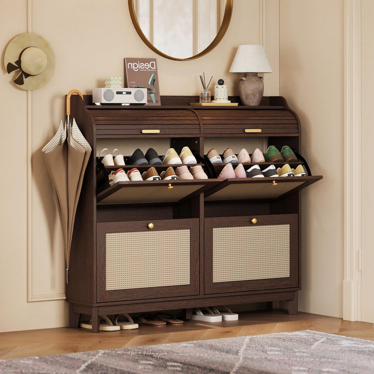 LINSY Shoe Storage Cabinet, Rattan Shoe Cabinet Flip Drawer Shoes Rack Cabine...