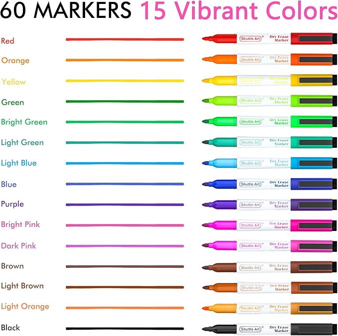 Dry Erase Markers, Shuttle Art 60 Bulk Pack 15 Colors Magnetic Whiteboard - Image 2