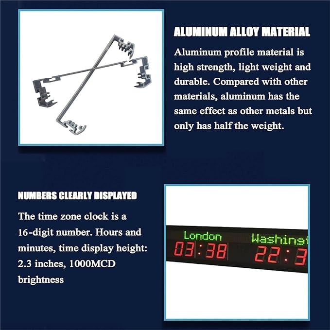 Digital World Time Zones Clock for 6 Cities, Adjustable Brightness LED Display - Image 4