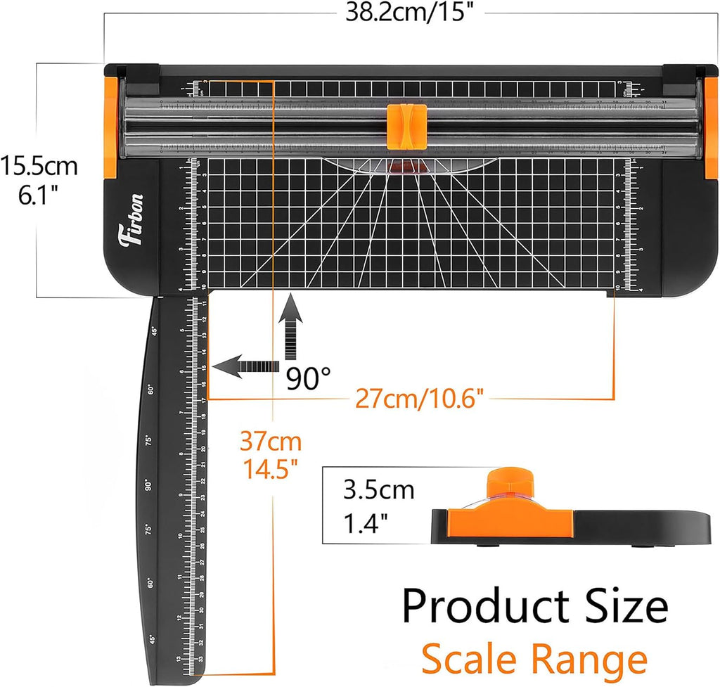 Firbon A4 Paper Cutter, 12 Inch Paper Trimmer with Extened Ruler, Black | 10 Sheet Capacity | CM & Inch Scale | Spring-Loaded Safe Blade | Cuts Cardstock, Vinyl, Coupons, Labels & Scrapbooking Craft