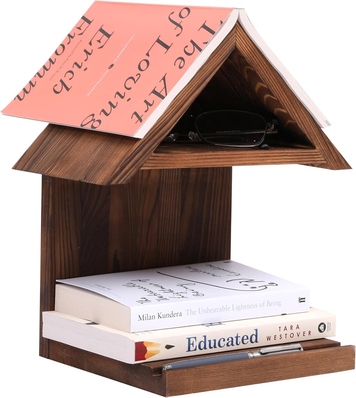 Floating Bedside Wood Bookshelf, Triangle Book Page Holder, Wooden Simple Boo...