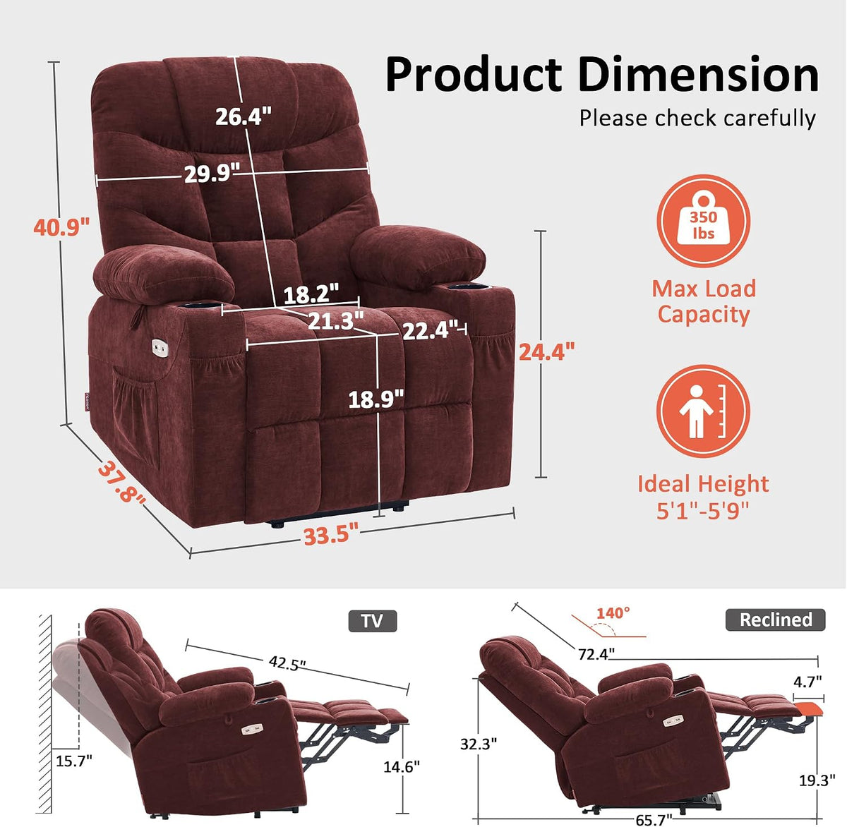 MCombo Power Lift Recliner for Elderly, Fabric 7287 (Burgundy, Medium)